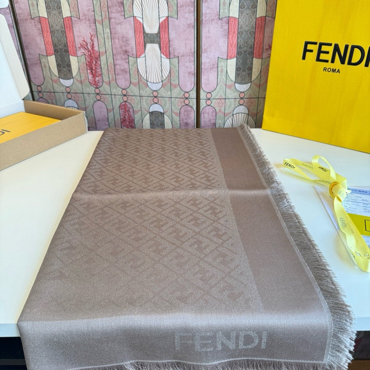 FENDI Fringed Geometric Monogram Scarf